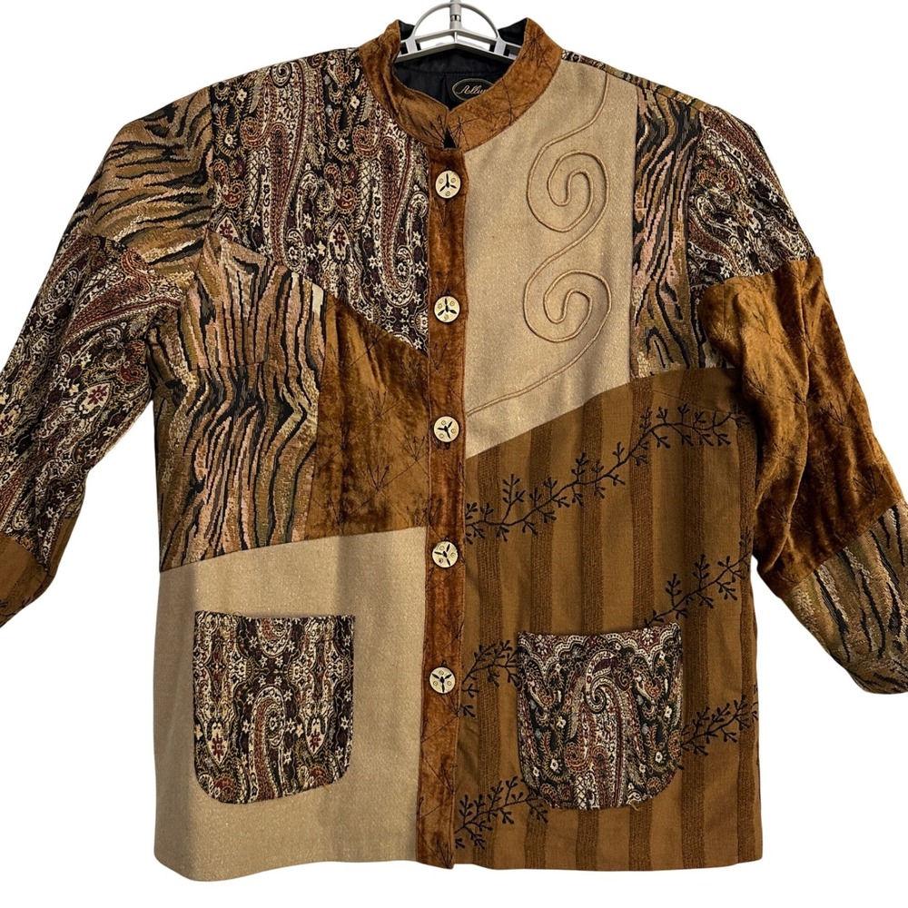 VTG 90s Allure Patchwork Tapestry Jacket Womens 18/20 Brown Boho Artsy Eclectic